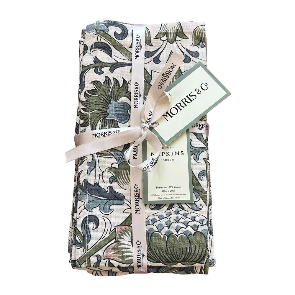 William Morris & Co 8 Lodden Floral Table Napkins Olive Blue Botanical 20x20 NEW